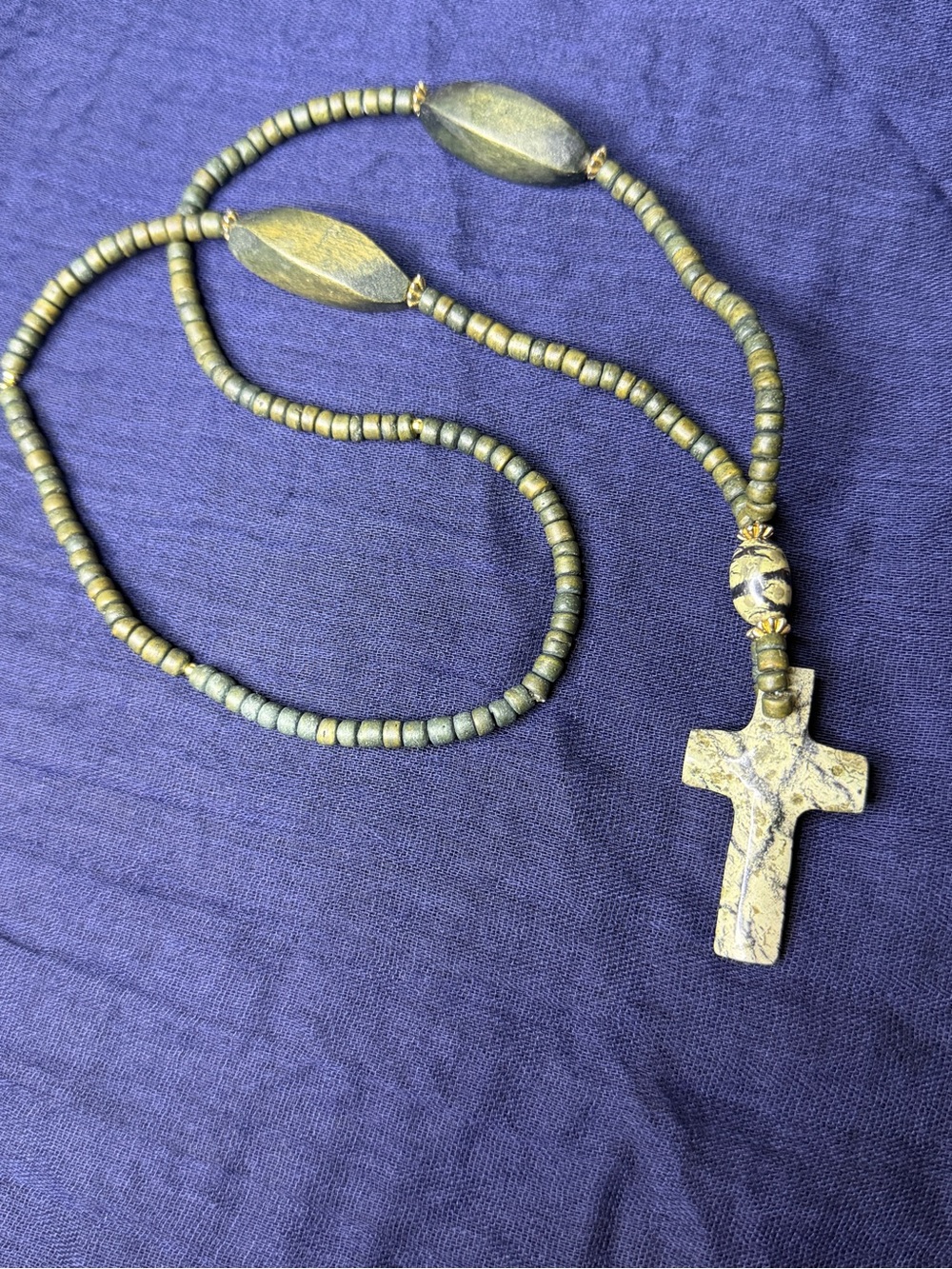 Handcrafted Olive Green Zebra Jasper Cross Necklace